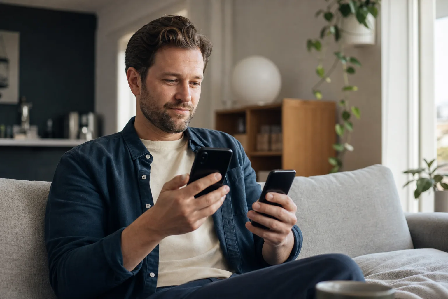 Person jämför priser på två mobiltelefoner hemma i soffan