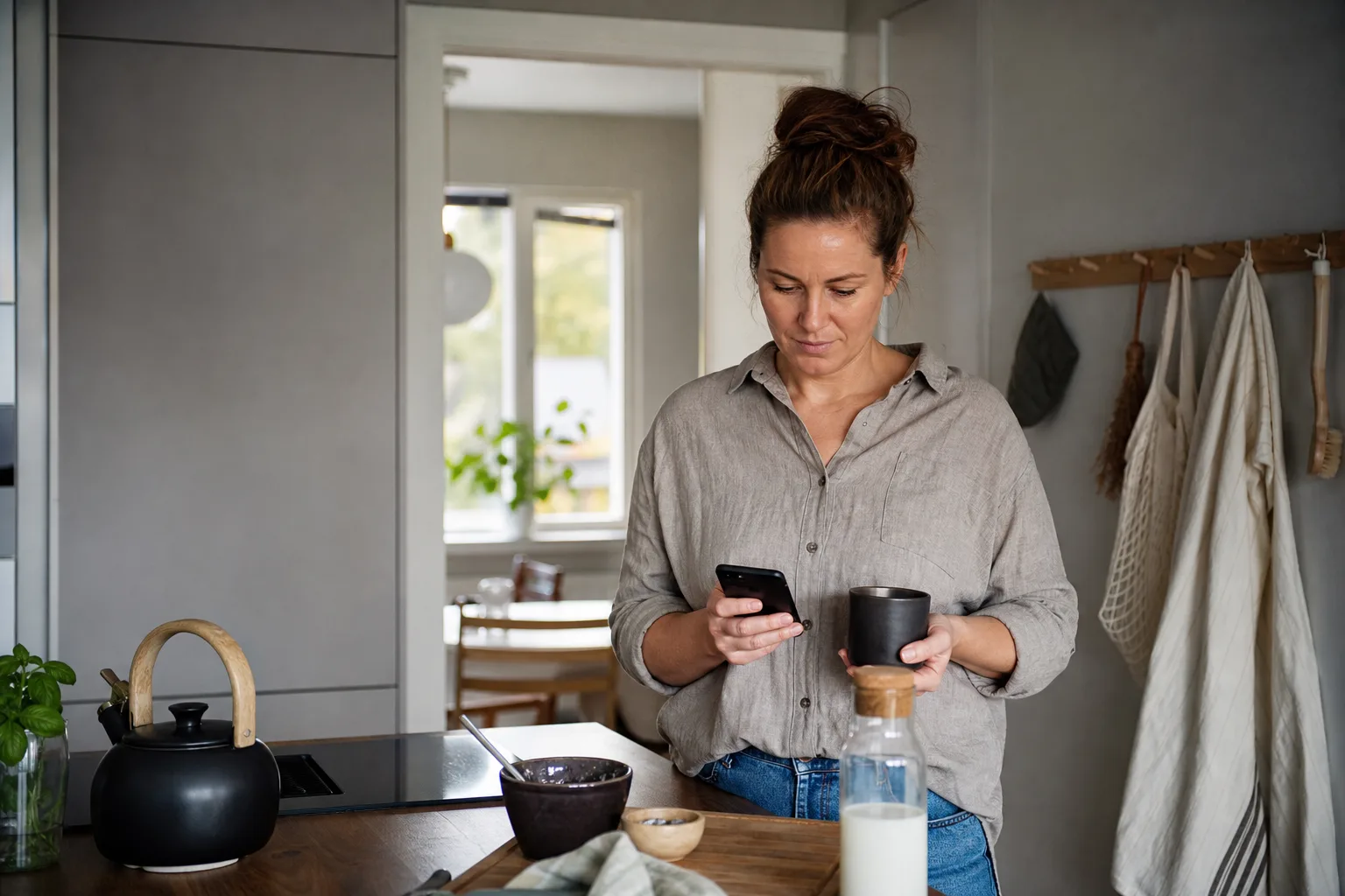 Person i köket använder mobiltelefon på morgonen