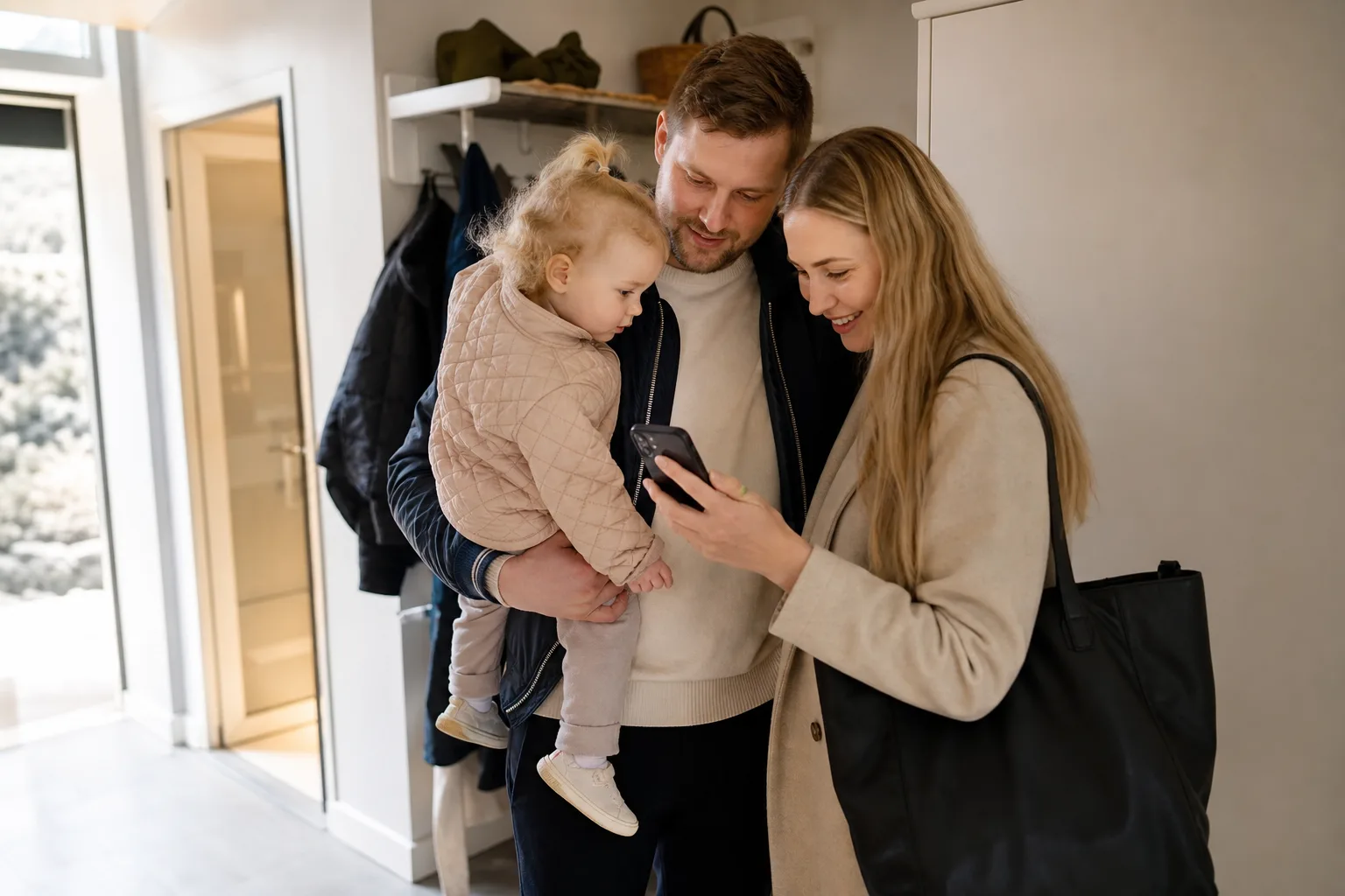 Familj i hallen tittar tillsammans på en mobiltelefon