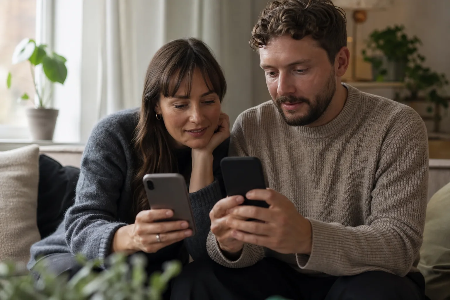 Två personer i soffan jämför mobiltelefoner med abonnemang