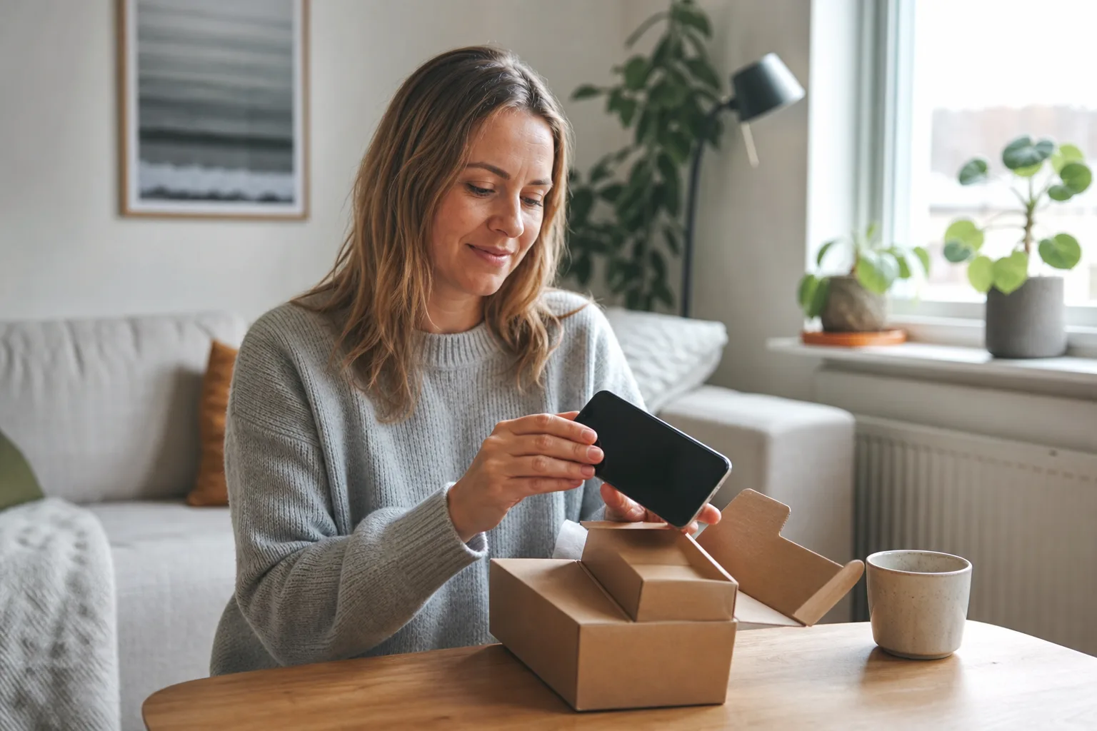 Person i vardagsrummet packar upp en ny mobiltelefon