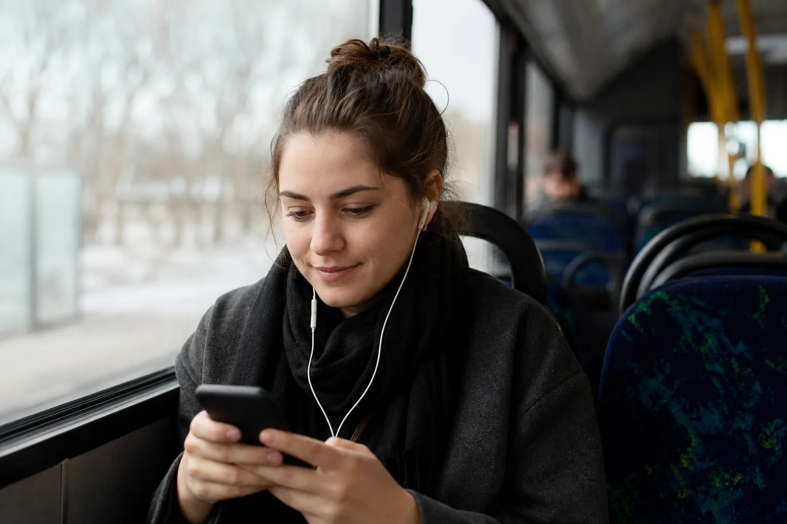 Person på bussen använder mobiltelefon med hörlurar